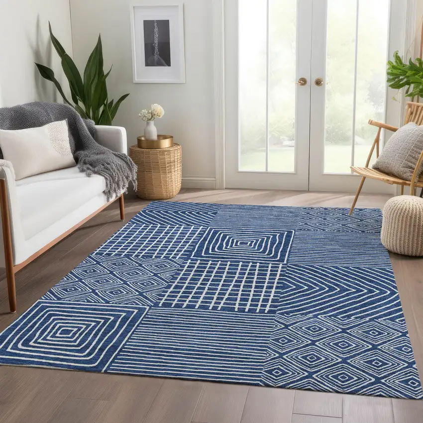Navy Blue And Ivory Geometric Washable Area Rug With UV Protection Photo 5
