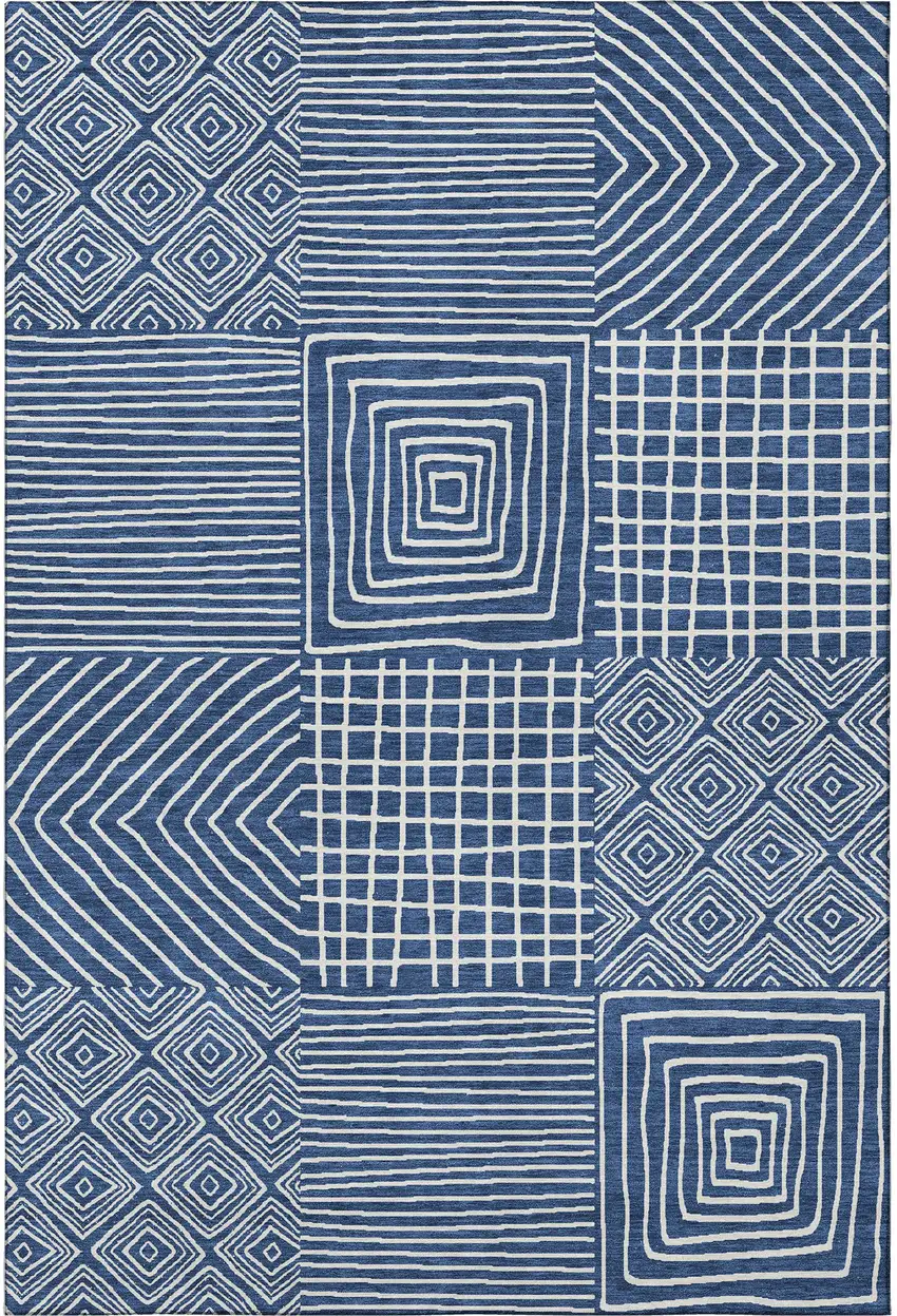 Navy Blue And Ivory Geometric Washable Area Rug With UV Protection Photo 3