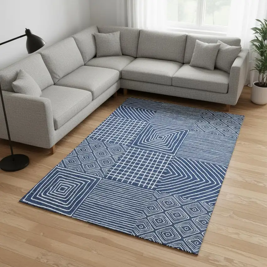 Navy Blue And Ivory Geometric Washable Area Rug With UV Protection Photo 2