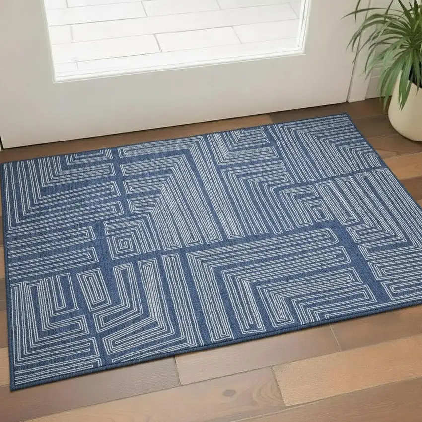Navy Blue And Ivory Geometric Washable Area Rug With UV Protection Photo 2