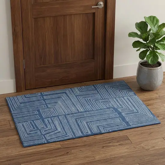 Navy Blue And Ivory Geometric Washable Area Rug With UV Protection Photo 1