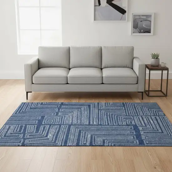Navy Blue And Ivory Geometric Washable Area Rug With UV Protection Photo 2