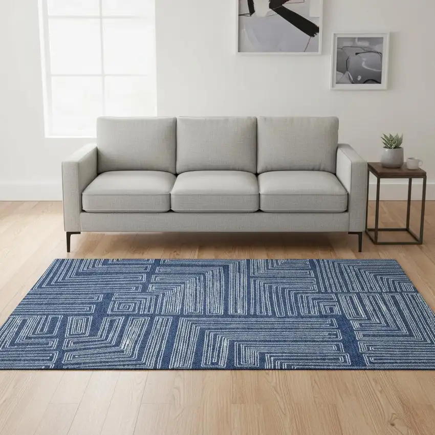 Navy Blue And Ivory Geometric Washable Area Rug With UV Protection Photo 2