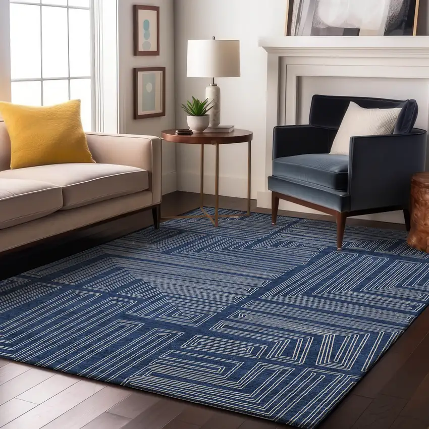 Navy Blue And Ivory Geometric Washable Area Rug With UV Protection Photo 4