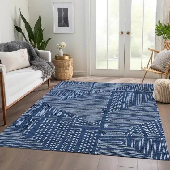 Navy Blue And Ivory Geometric Washable Area Rug With UV Protection Photo 5