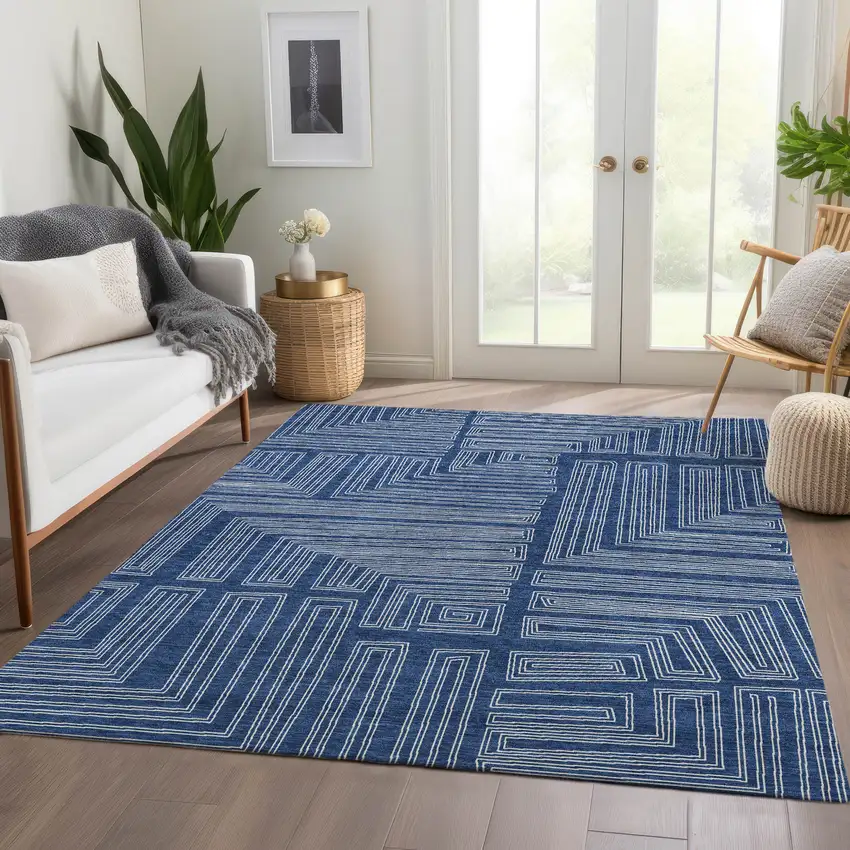Navy Blue And Ivory Geometric Washable Area Rug With UV Protection Photo 5