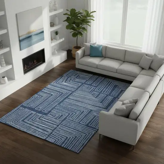 Navy Blue And Ivory Geometric Washable Area Rug With UV Protection Photo 2