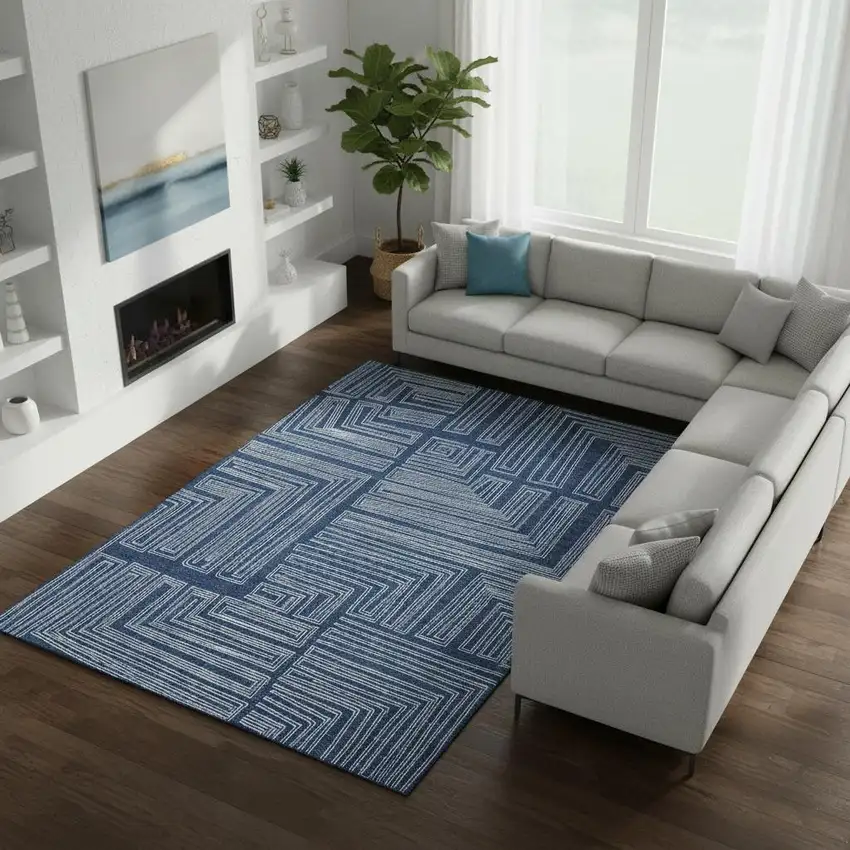 Navy Blue And Ivory Geometric Washable Area Rug With UV Protection Photo 2