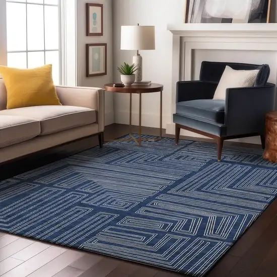 Navy Blue And Ivory Geometric Washable Area Rug With UV Protection Photo 4