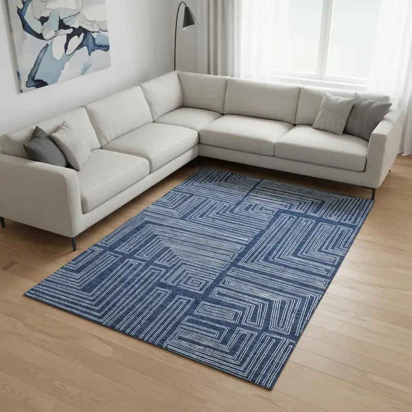 Navy Blue And Ivory Geometric Washable Area Rug With UV Protection Photo 2