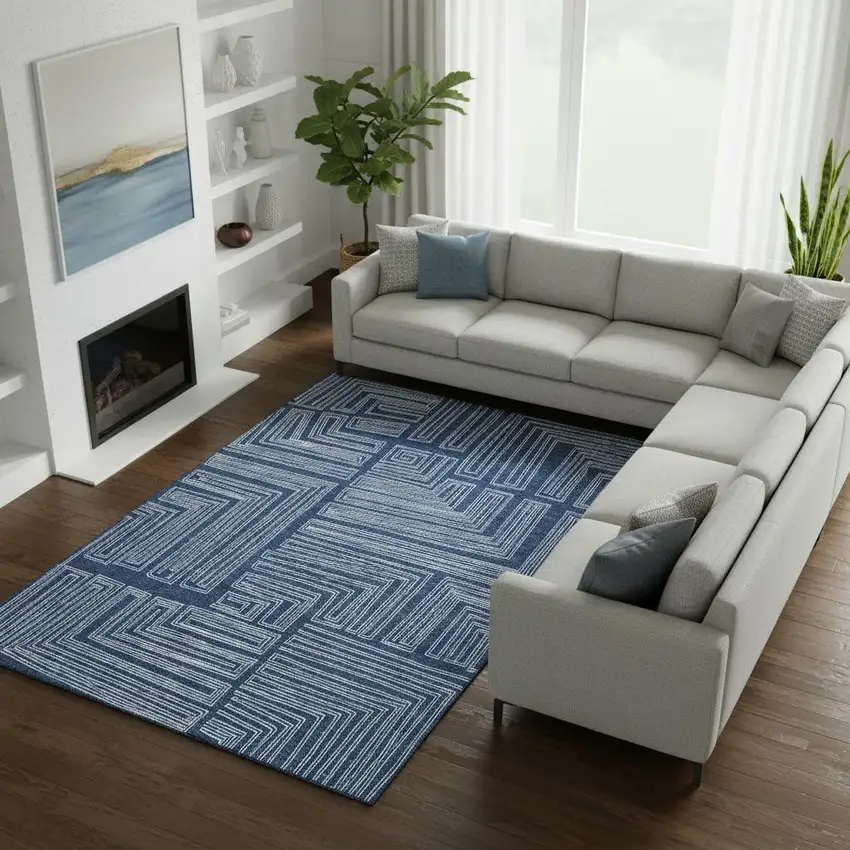 Navy Blue And Ivory Geometric Washable Area Rug With UV Protection Photo 2