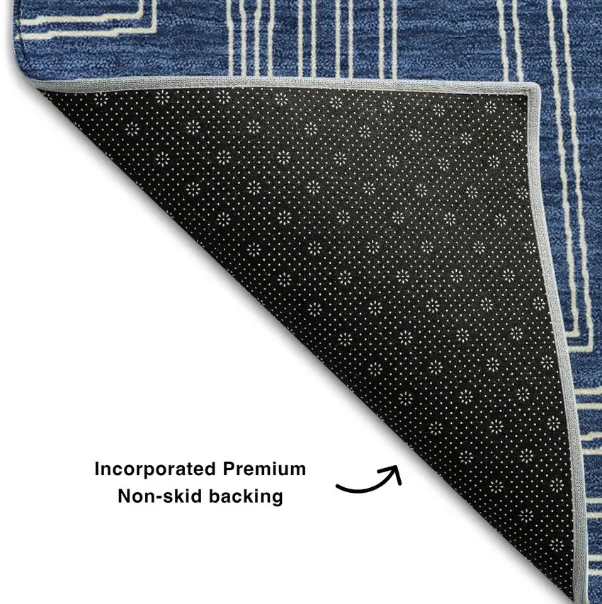 Navy Blue And Ivory Geometric Washable Area Rug With UV Protection Photo 6