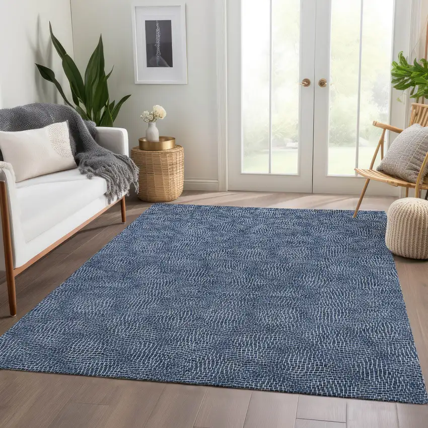 Navy Blue And Ivory Geometric Washable Area Rug With UV Protection Photo 5