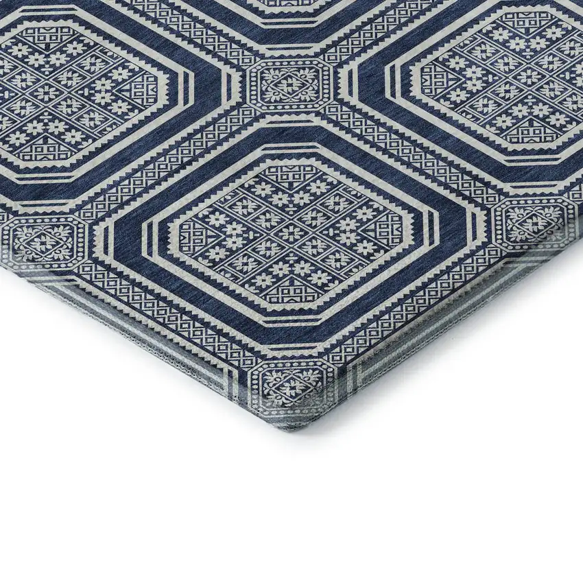 Navy Blue And Ivory Geometric Washable Area Rug With UV Protection Photo 1