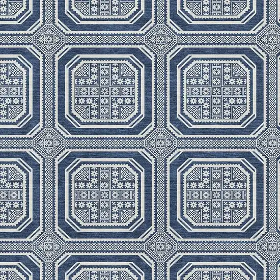 Navy Blue And Ivory Geometric Washable Area Rug With UV Protection Photo 4