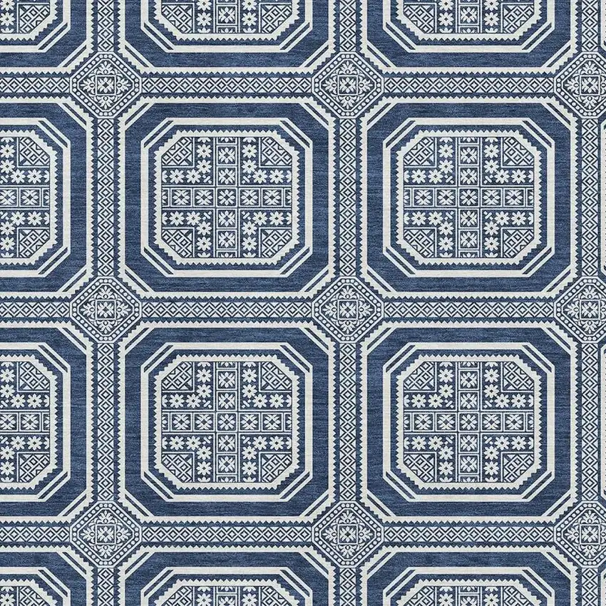 Navy Blue And Ivory Geometric Washable Area Rug With UV Protection Photo 4