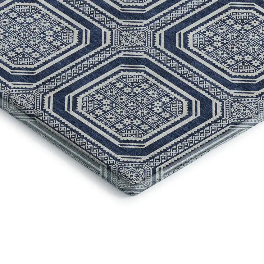 Navy Blue And Ivory Geometric Washable Area Rug With UV Protection Photo 3