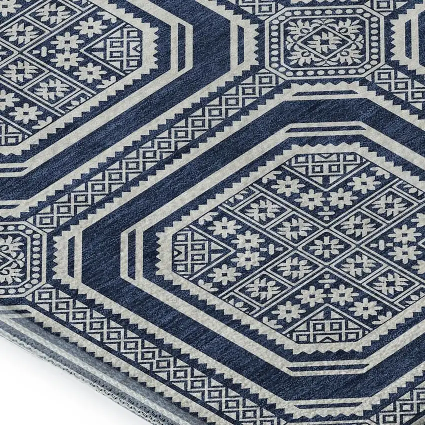 Navy Blue And Ivory Geometric Washable Area Rug With UV Protection Photo 2