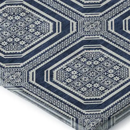 Navy Blue And Ivory Geometric Washable Area Rug With UV Protection Photo 4