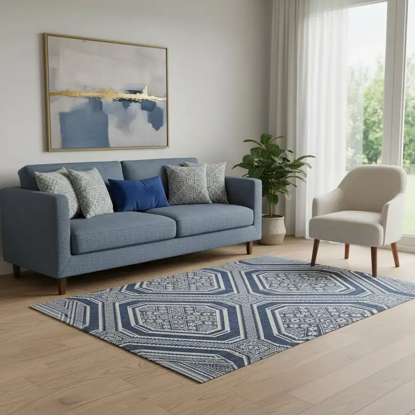 Navy Blue And Ivory Geometric Washable Area Rug With UV Protection Photo 2