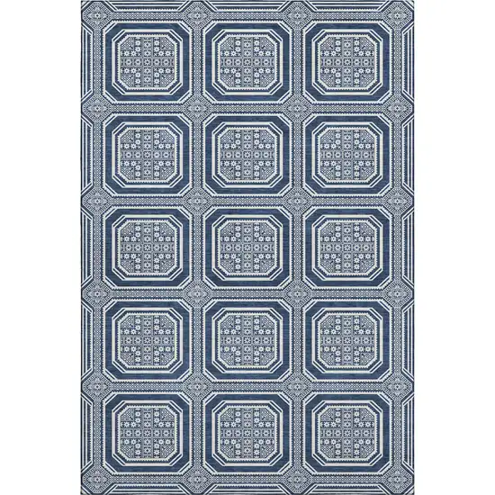 Navy Blue And Ivory Geometric Washable Area Rug With UV Protection Photo 6