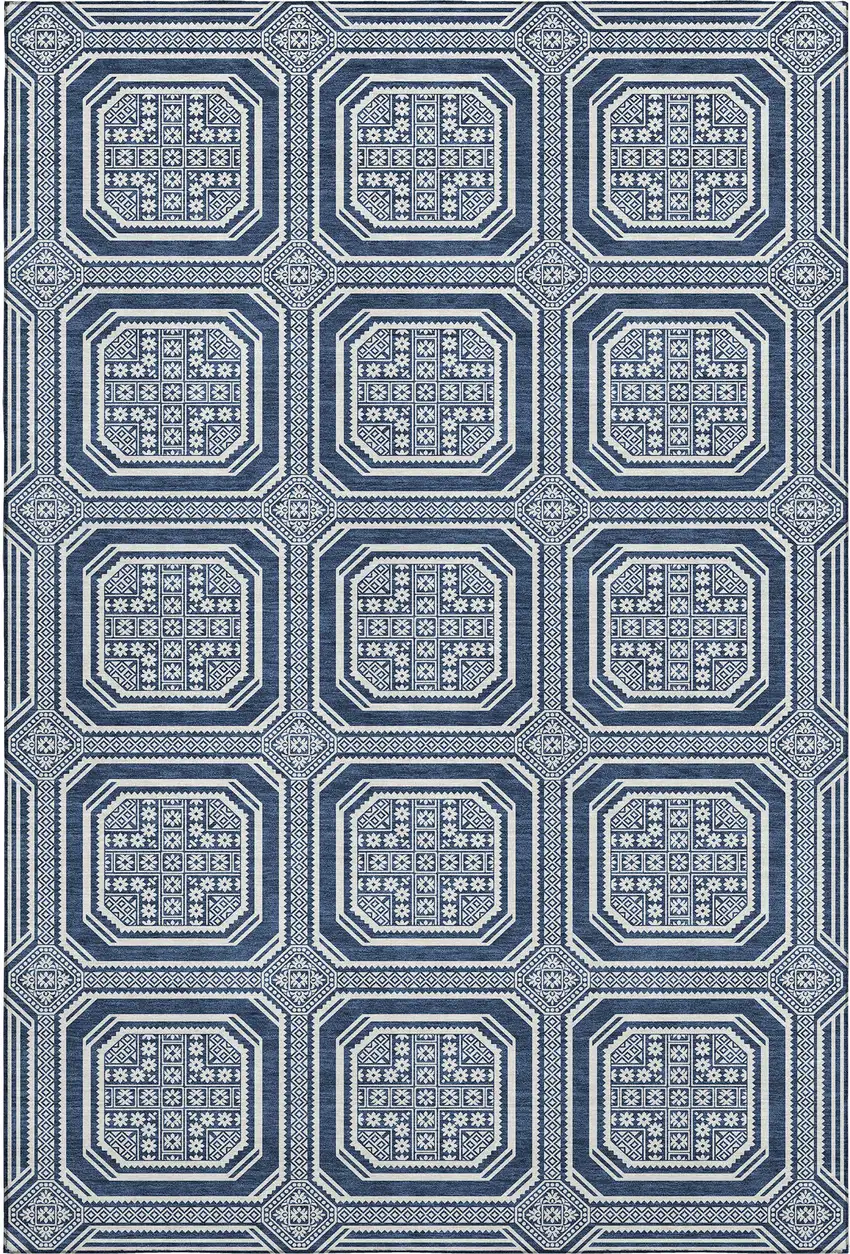 Navy Blue And Ivory Geometric Washable Area Rug With UV Protection Photo 6