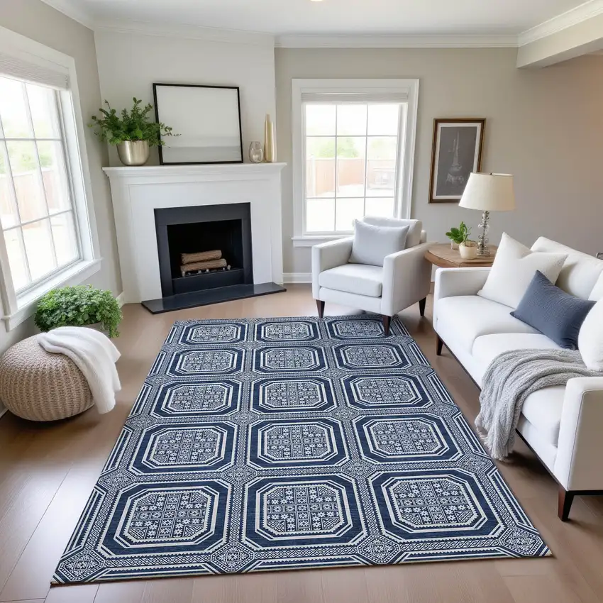 Navy Blue And Ivory Geometric Washable Area Rug With UV Protection Photo 5