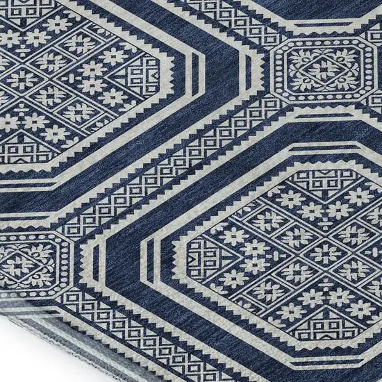 Navy Blue And Ivory Geometric Washable Area Rug With UV Protection Photo 2