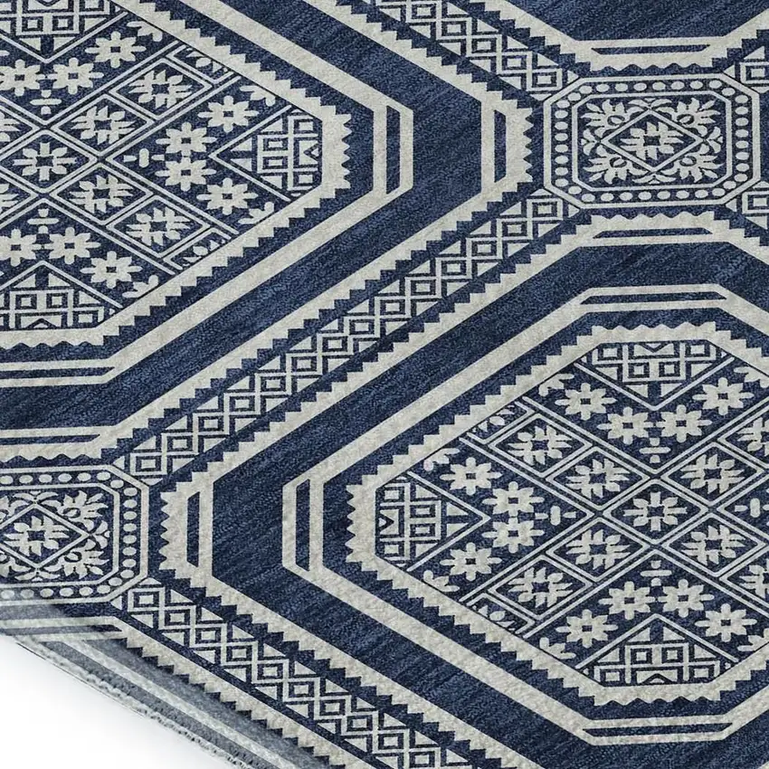 Navy Blue And Ivory Geometric Washable Area Rug With UV Protection Photo 2