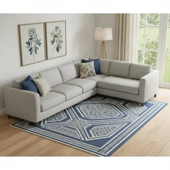 Navy Blue And Ivory Geometric Washable Area Rug With UV Protection Photo 2