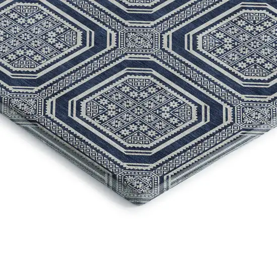 Navy Blue And Ivory Geometric Washable Area Rug With UV Protection Photo 3