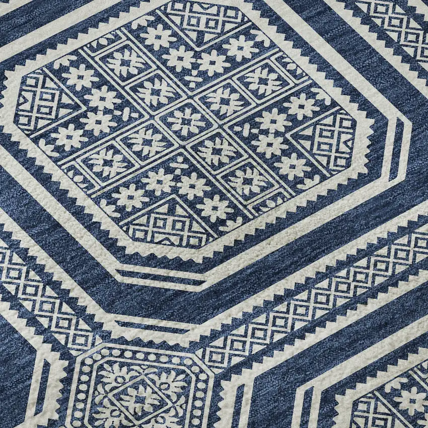 Navy Blue And Ivory Geometric Washable Area Rug With UV Protection Photo 9