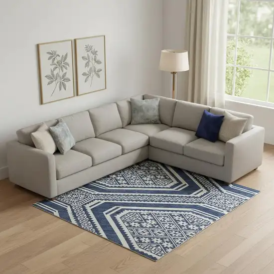 Navy Blue And Ivory Geometric Washable Area Rug With UV Protection Photo 2