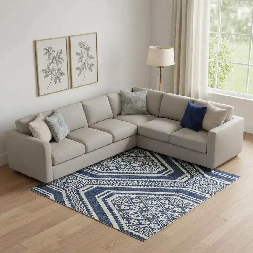 Navy Blue And Ivory Geometric Washable Area Rug With UV Protection Photo 2