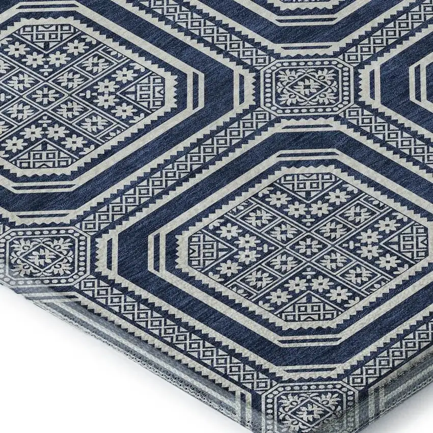 Navy Blue And Ivory Geometric Washable Area Rug With UV Protection Photo 3