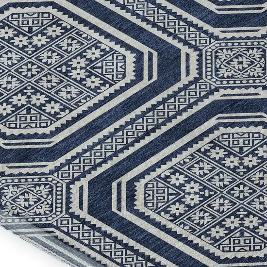 Navy Blue And Ivory Geometric Washable Area Rug With UV Protection Photo 2