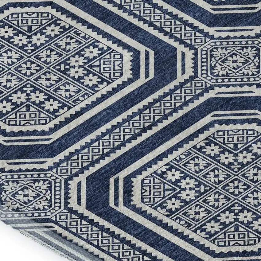 Navy Blue And Ivory Geometric Washable Area Rug With UV Protection Photo 2