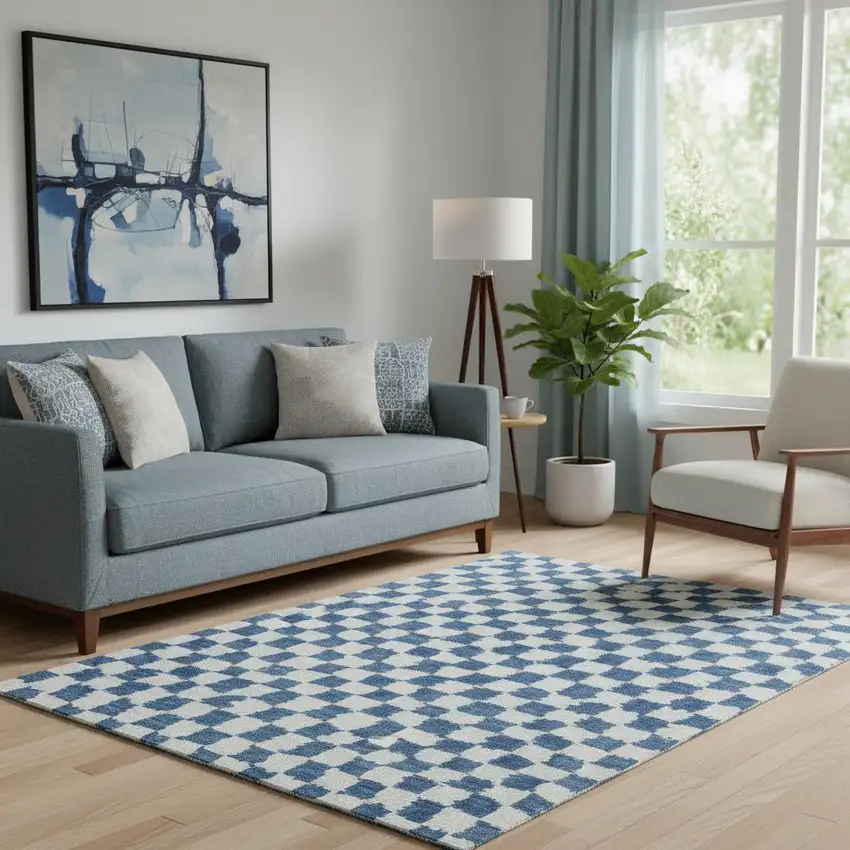 Navy Blue And Ivory Geometric Washable Area Rug With UV Protection Photo 2