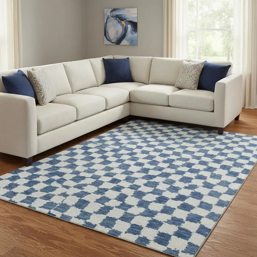 Navy Blue And Ivory Geometric Washable Area Rug With UV Protection Photo 2