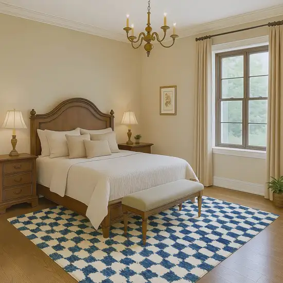 Navy Blue And Ivory Geometric Washable Area Rug With UV Protection Photo 6