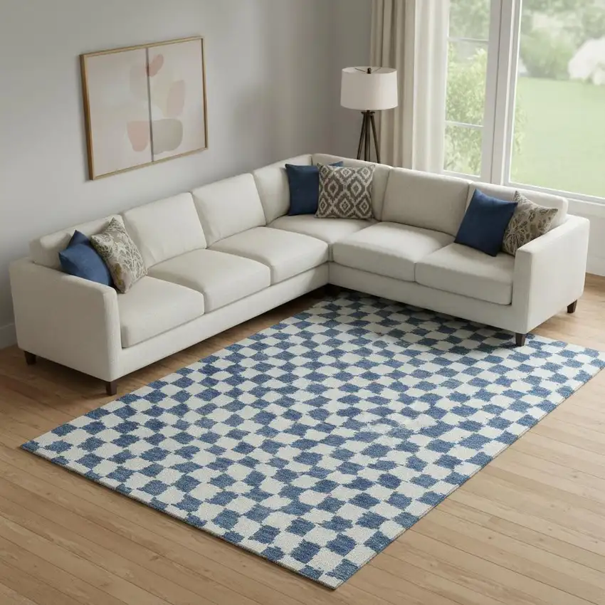 Navy Blue And Ivory Geometric Washable Area Rug With UV Protection Photo 2