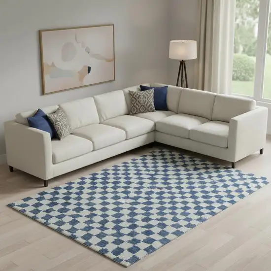 Navy Blue And Ivory Geometric Washable Area Rug With UV Protection Photo 2