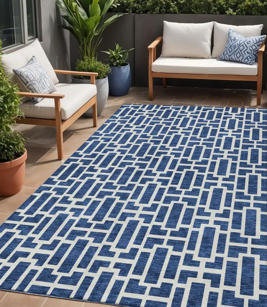 Navy Blue And Ivory Geometric Washable Indoor Outdoor Area Rug Photo 1