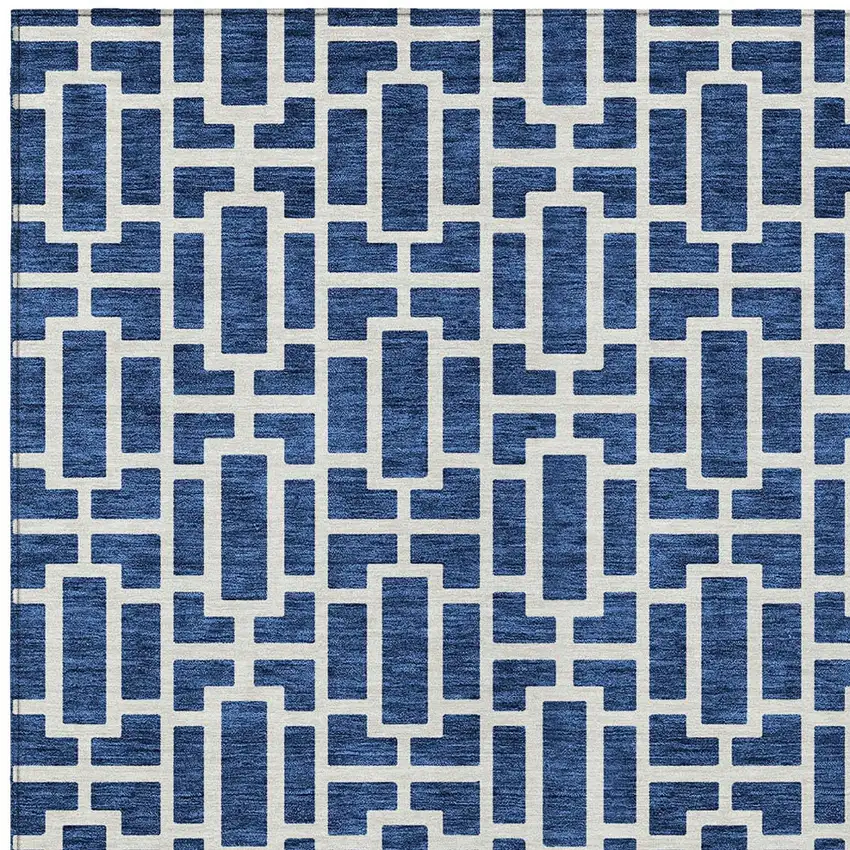 Navy Blue And Ivory Geometric Washable Indoor Outdoor Area Rug Photo 7