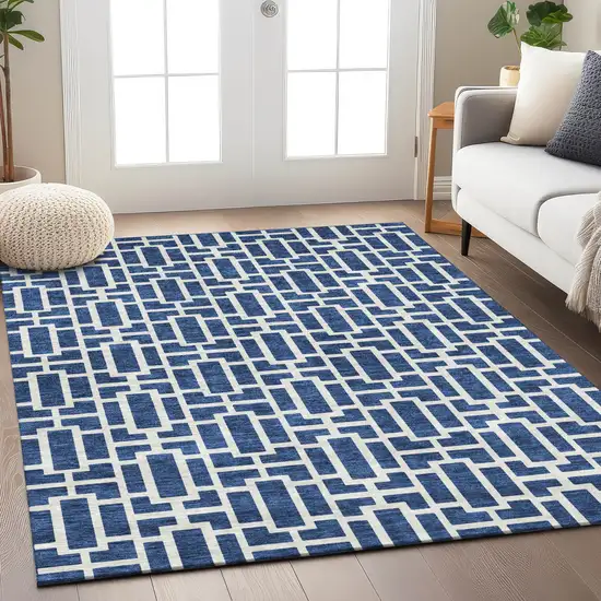 Navy Blue And Ivory Geometric Washable Indoor Outdoor Area Rug Photo 9
