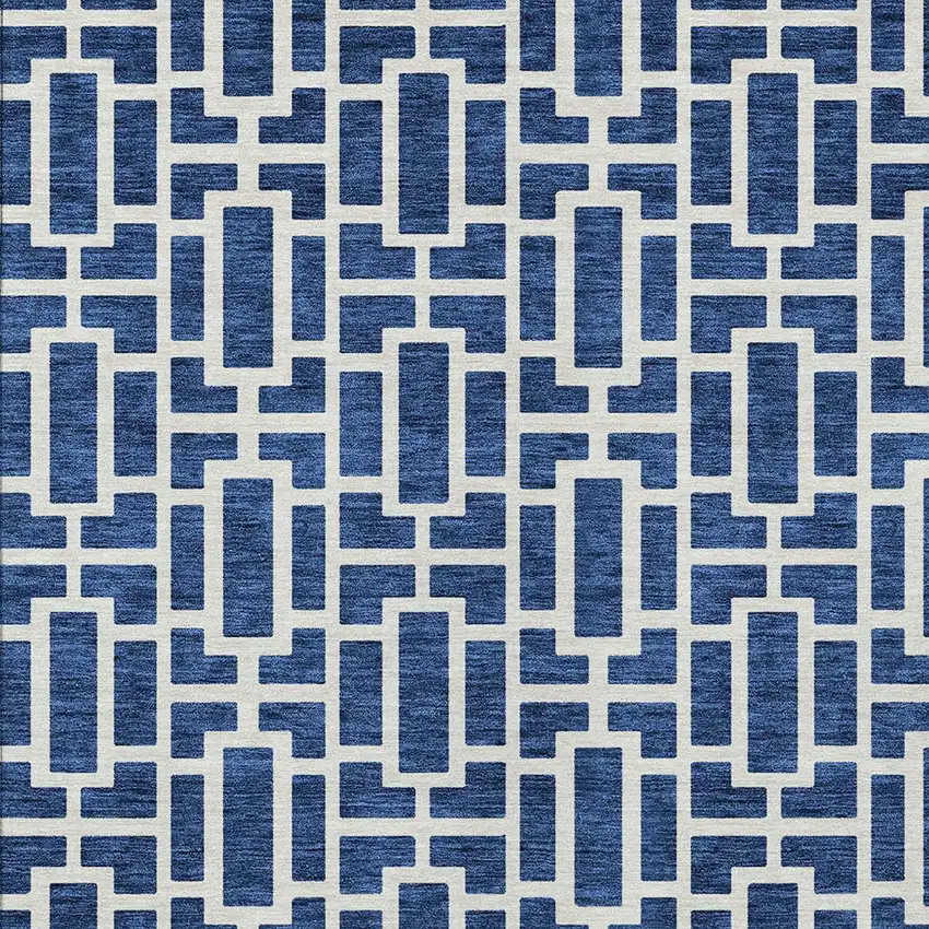 Navy Blue And Ivory Geometric Washable Indoor Outdoor Area Rug Photo 7