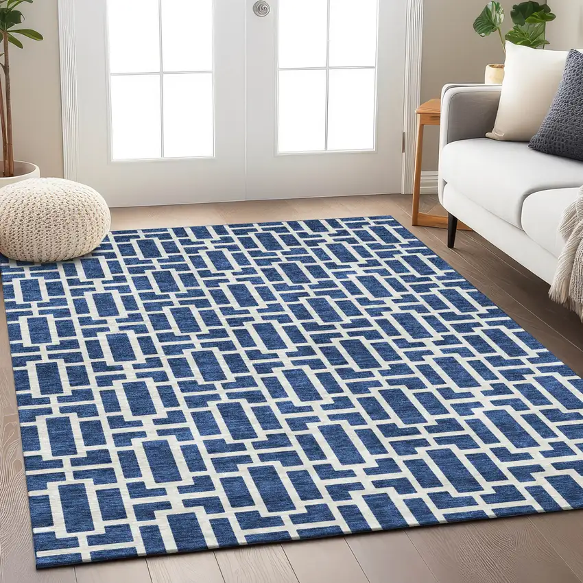 Navy Blue And Ivory Geometric Washable Indoor Outdoor Area Rug Photo 9
