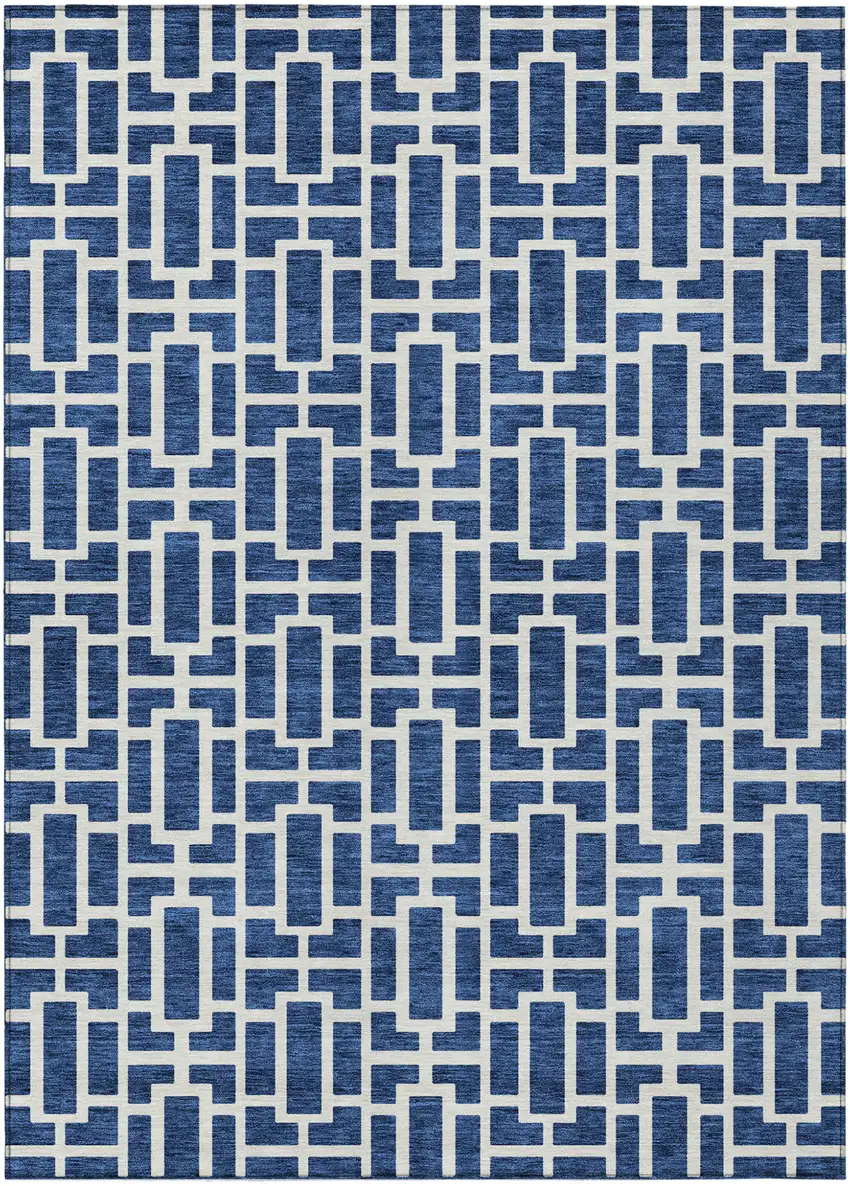 Navy Blue And Ivory Geometric Washable Indoor Outdoor Area Rug Photo 2