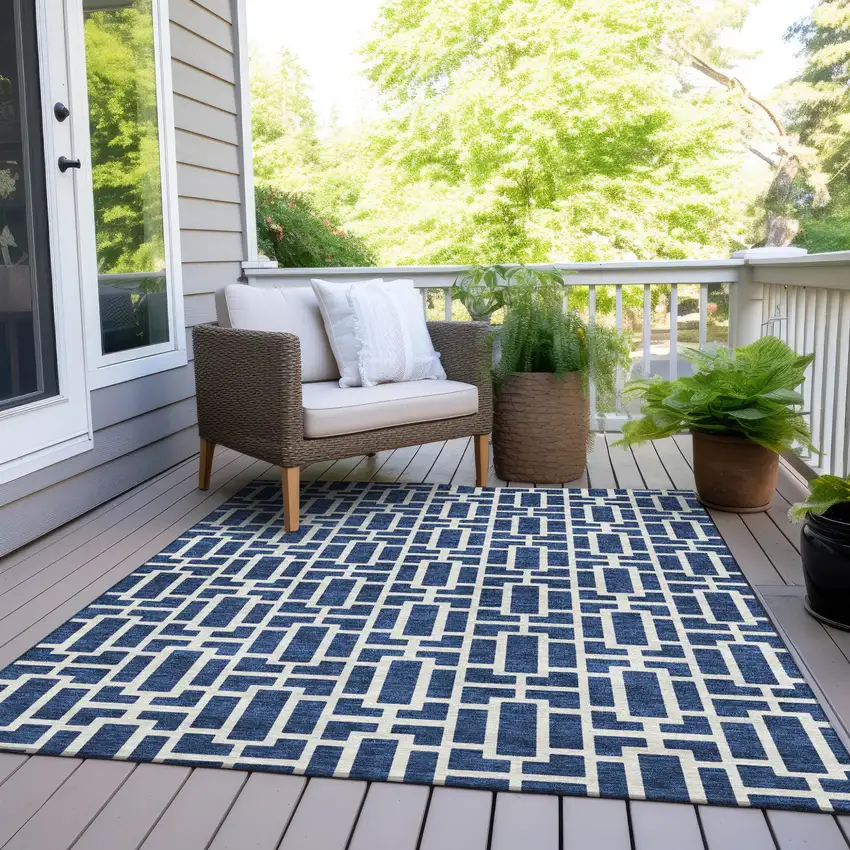 Navy Blue And Ivory Geometric Washable Indoor Outdoor Area Rug Photo 9