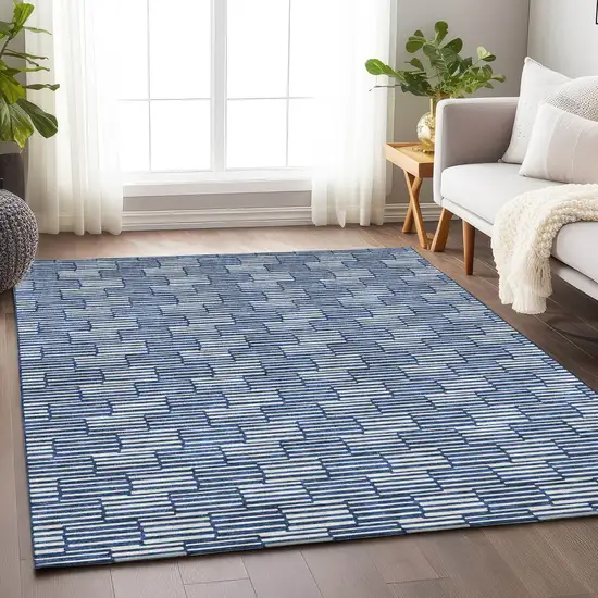 Navy Blue And Ivory Geometric Washable Indoor Outdoor Area Rug Photo 9